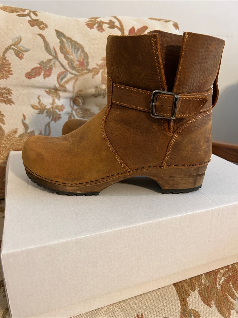 Sanita Tan Leather Clog Ankle Boots with Buckle